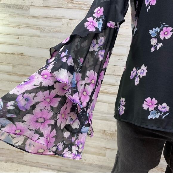 Nanette Lepore Zen Silk Floral Blouse Womens Size S Purple Black Bell Sleeve - Picture 5 of 16